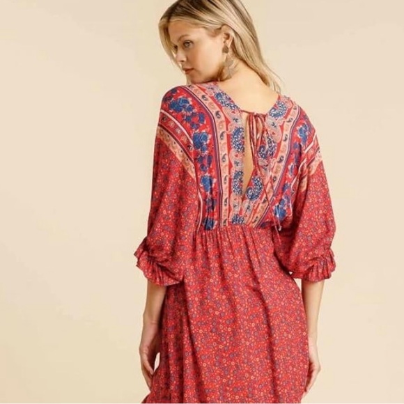 Umgee Red Bohemian V-Neck Dress with Blue and Orange Accents size 1X - Picture 2 of 9
